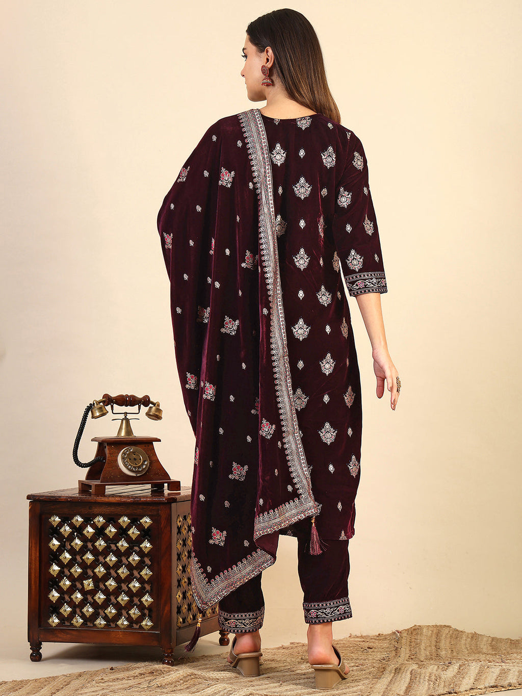 Hand & Foil Printed Velvet Kurta With Pant & Dupatta, Wine - Hiral Fashion - Distacart