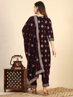 Hand & Foil Printed Velvet Kurta With Pant & Dupatta, Wine - Hiral Fashion - Distacart