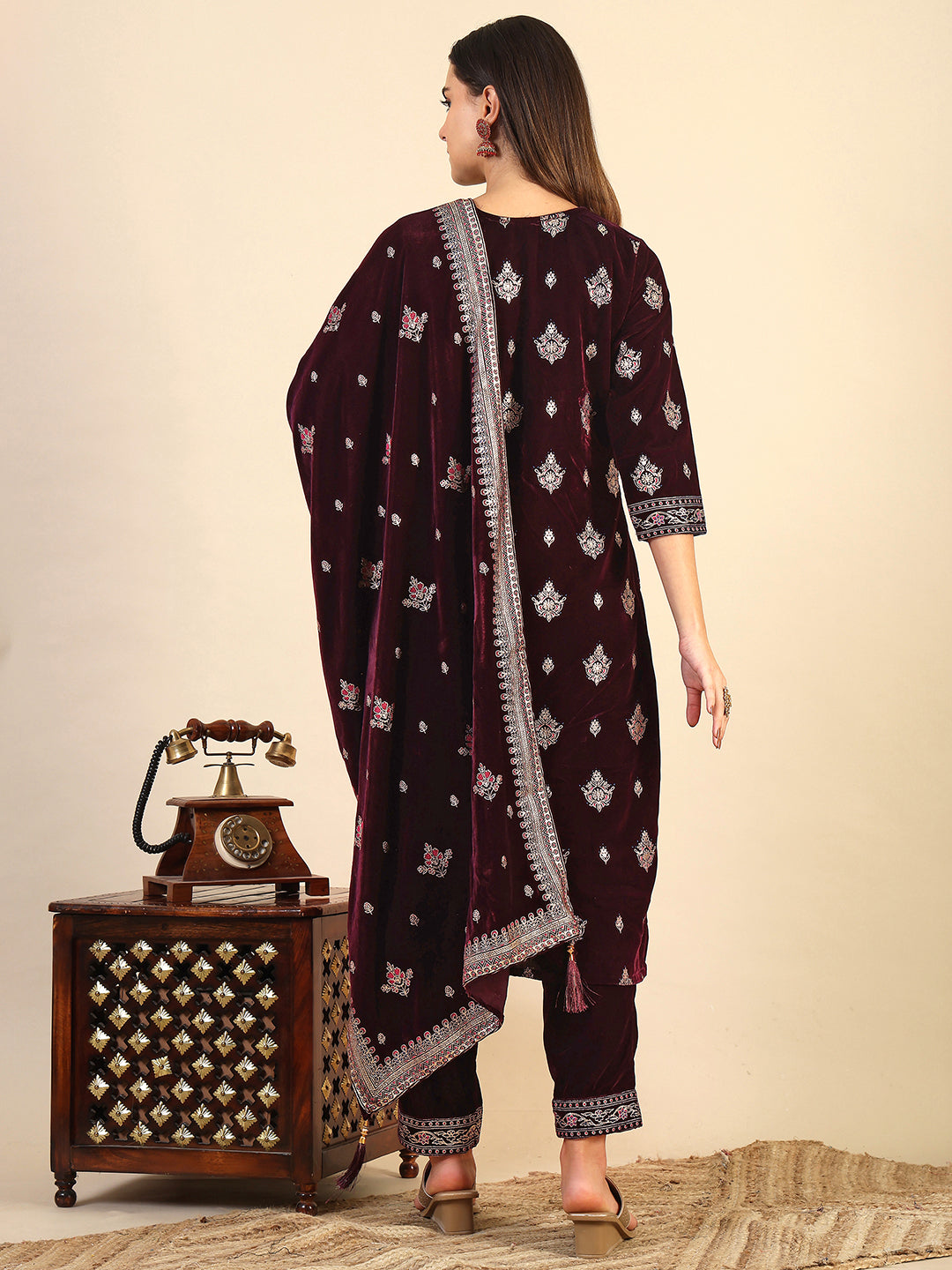 Hand & Foil Printed Velvet Kurta With Pant & Dupatta, Wine - Hiral Fashion - Distacart