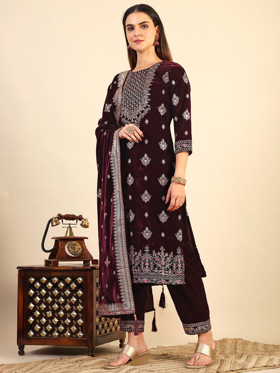 Hand & Foil Printed Velvet Kurta With Pant & Dupatta, Wine - Hiral Fashion - Distacart