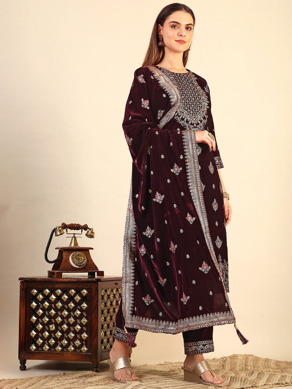 Hand & Foil Printed Velvet Kurta With Pant & Dupatta, Wine - Hiral Fashion - Distacart