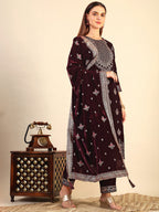 Hand & Foil Printed Velvet Kurta With Pant & Dupatta, Wine - Hiral Fashion - Distacart