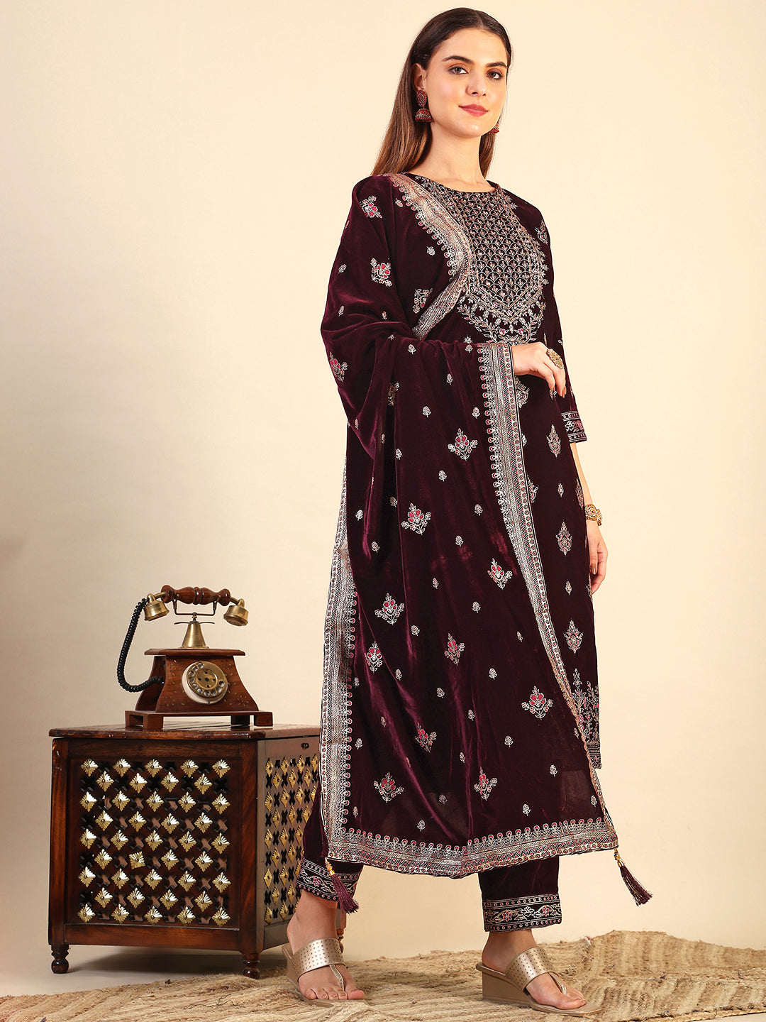 Hand & Foil Printed Velvet Kurta With Pant & Dupatta, Wine - Hiral Fashion - Distacart