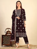 Hand & Foil Printed Velvet Kurta With Pant & Dupatta, Wine - Hiral Fashion - Distacart
