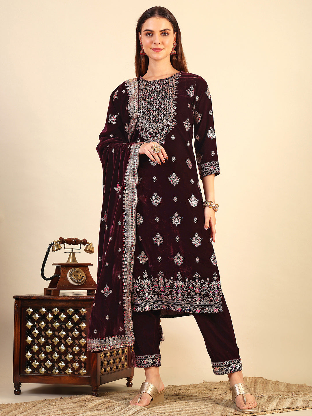 Hand & Foil Printed Velvet Kurta With Pant & Dupatta, Wine - Hiral Fashion - Distacart