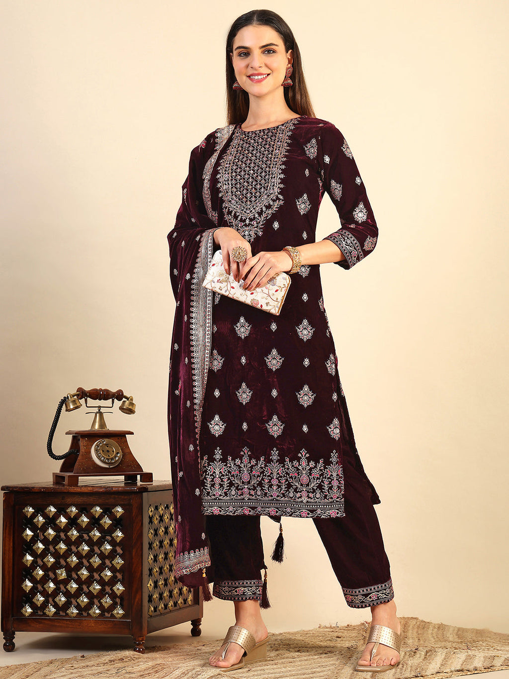 Hand & Foil Printed Velvet Kurta With Pant & Dupatta, Wine - Hiral Fashion - Distacart