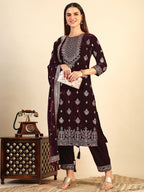 Hand & Foil Printed Velvet Kurta With Pant & Dupatta, Wine - Hiral Fashion - Distacart