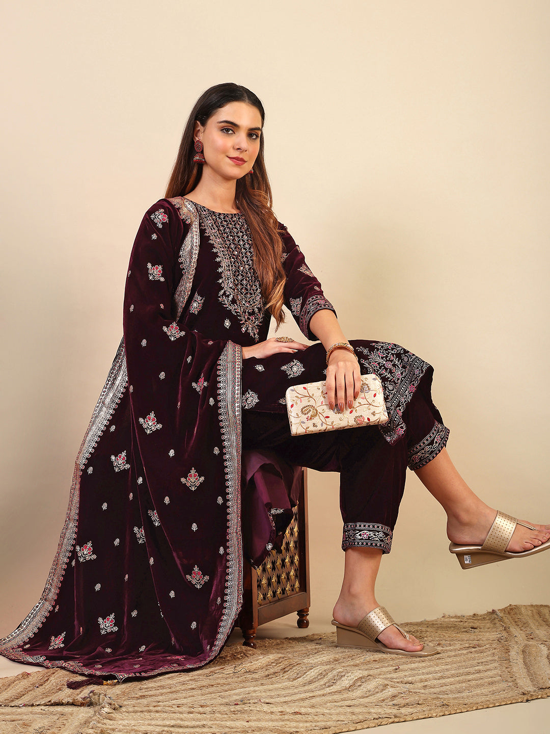 Hand & Foil Printed Velvet Kurta With Pant & Dupatta, Wine - Hiral Fashion - Distacart
