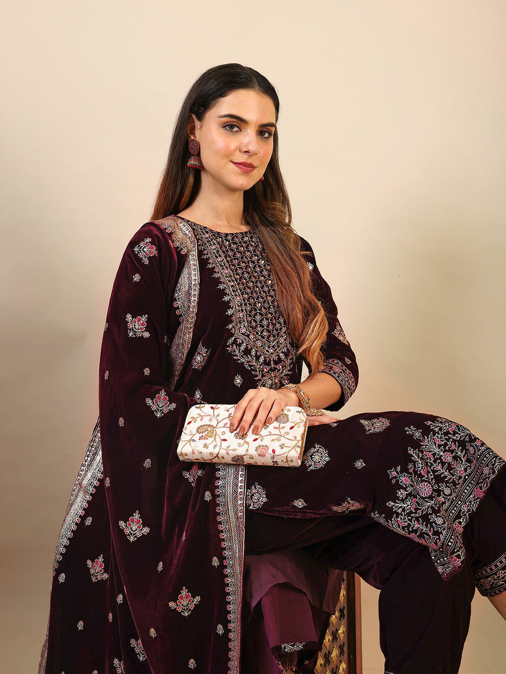 Hand & Foil Printed Velvet Kurta With Pant & Dupatta, Wine - Hiral Fashion - Distacart