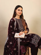 Hand & Foil Printed Velvet Kurta With Pant & Dupatta, Wine - Hiral Fashion - Distacart