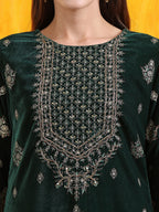 Hand Embroidered & Foil Printed Velvet Kurta With Pant & Dupatta, Bottle-Green - Hiral Fashion