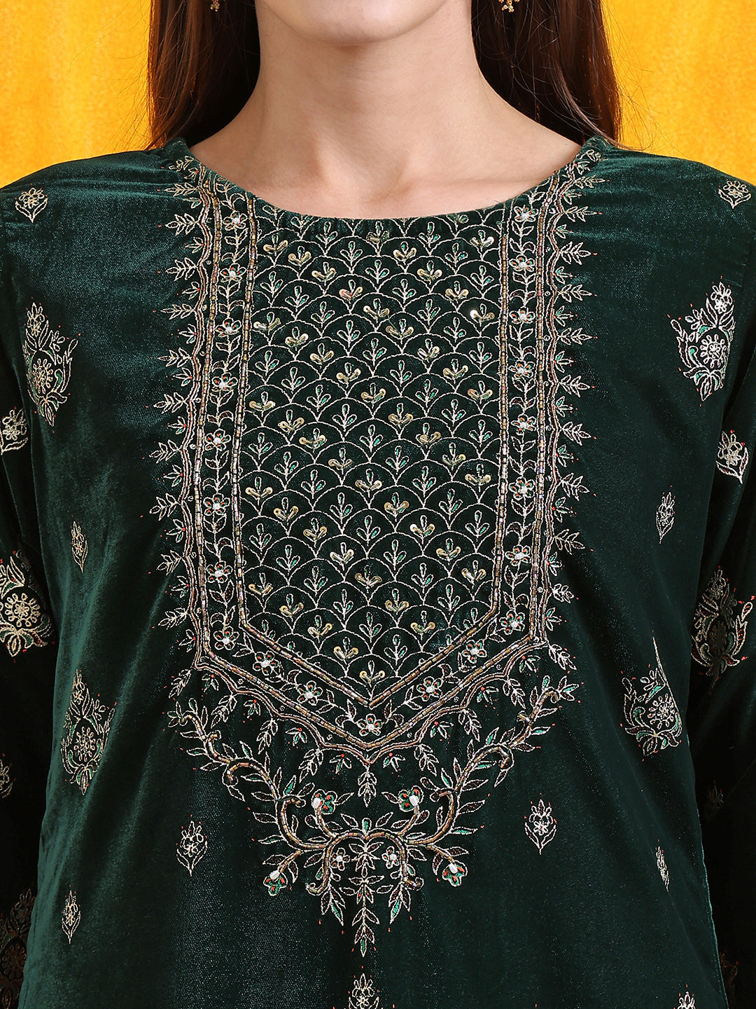Hand Embroidered & Foil Printed Velvet Kurta With Pant & Dupatta, Bottle-Green - Hiral Fashion