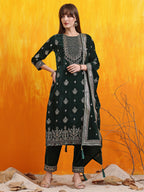 Hand Embroidered & Foil Printed Velvet Kurta With Pant & Dupatta, Bottle-Green - Hiral Fashion