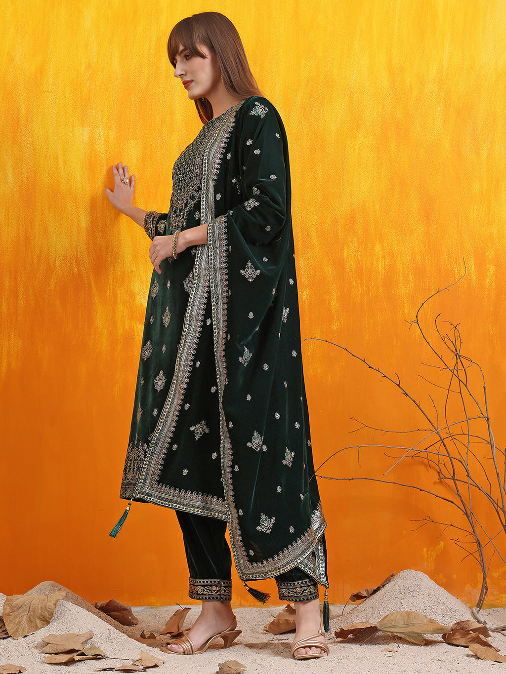 Hand Embroidered & Foil Printed Velvet Kurta With Pant & Dupatta, Bottle-Green - Hiral Fashion