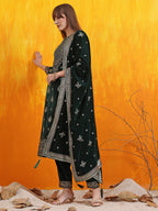 Hand Embroidered & Foil Printed Velvet Kurta With Pant & Dupatta, Bottle-Green - Hiral Fashion