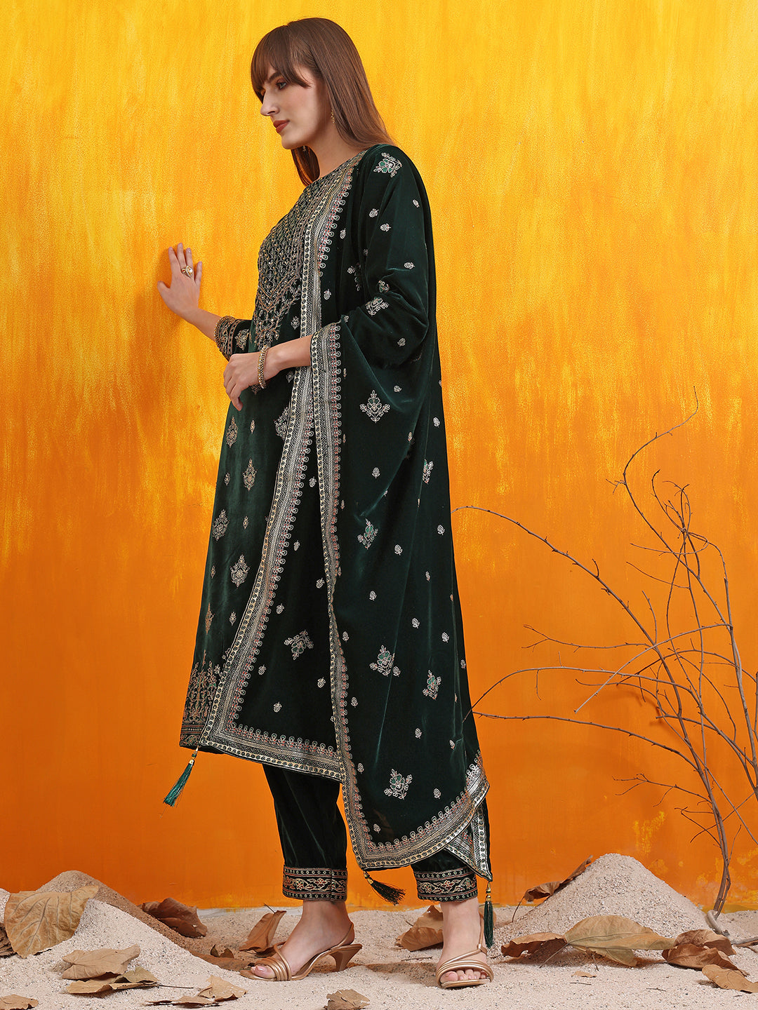 Hand Embroidered & Foil Printed Velvet Kurta With Pant & Dupatta, Bottle-Green - Hiral Fashion