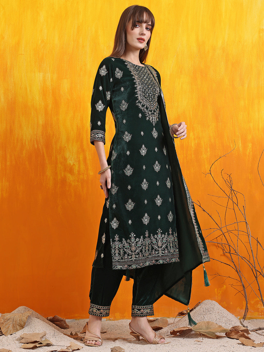 Hand Embroidered & Foil Printed Velvet Kurta With Pant & Dupatta, Bottle-Green - Hiral Fashion