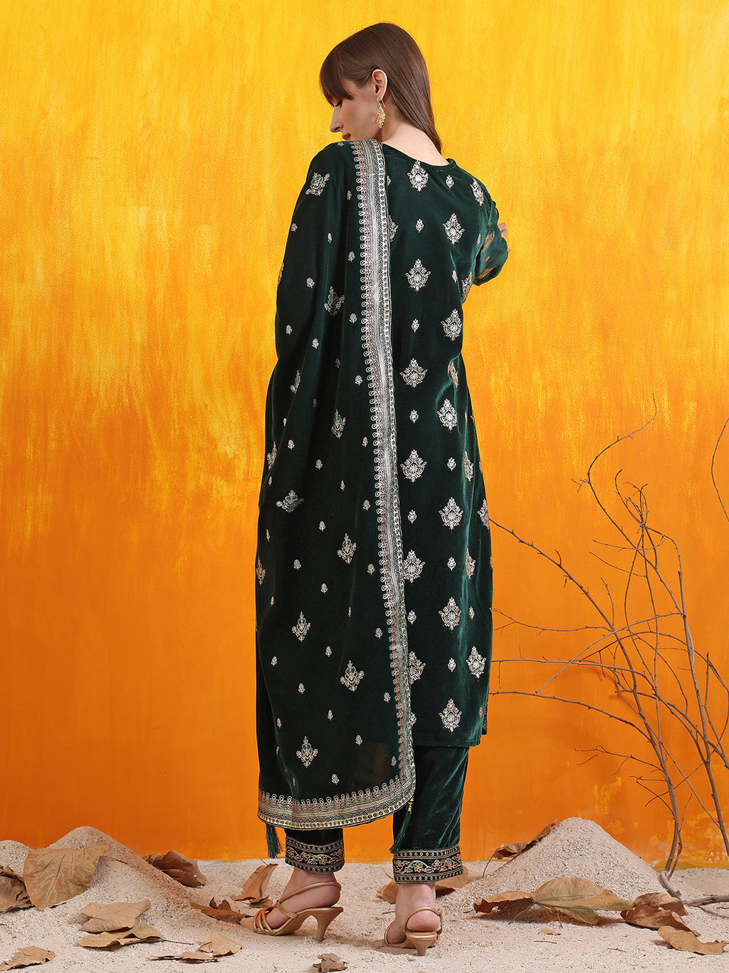 Hand Embroidered & Foil Printed Velvet Kurta With Pant & Dupatta, Bottle-Green - Hiral Fashion