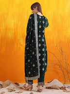 Hand Embroidered & Foil Printed Velvet Kurta With Pant & Dupatta, Bottle-Green - Hiral Fashion