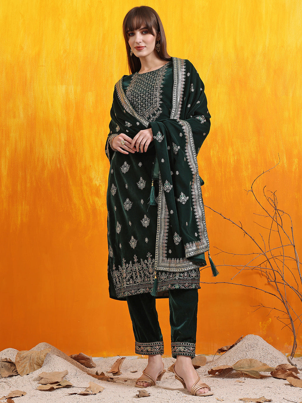 Hand Embroidered & Foil Printed Velvet Kurta With Pant & Dupatta, Bottle-Green - Hiral Fashion