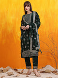 Hand Embroidered & Foil Printed Velvet Kurta With Pant & Dupatta, Bottle-Green - Hiral Fashion