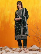 Hand Embroidered & Foil Printed Velvet Kurta With Pant & Dupatta, Bottle-Green - Hiral Fashion