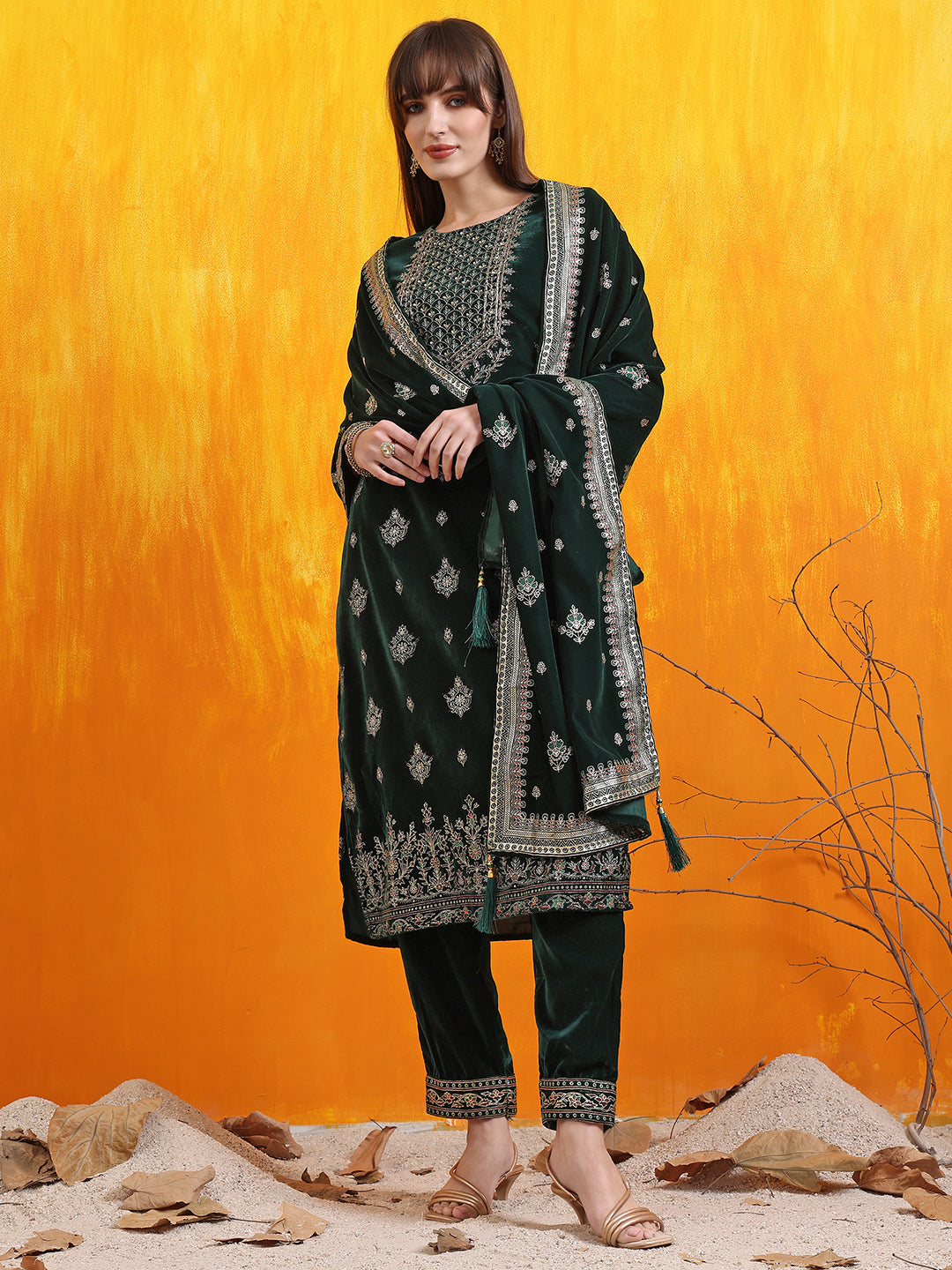 Hand Embroidered & Foil Printed Velvet Kurta With Pant & Dupatta, Bottle-Green - Hiral Fashion