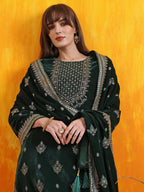 Hand Embroidered & Foil Printed Velvet Kurta With Pant & Dupatta, Bottle-Green - Hiral Fashion