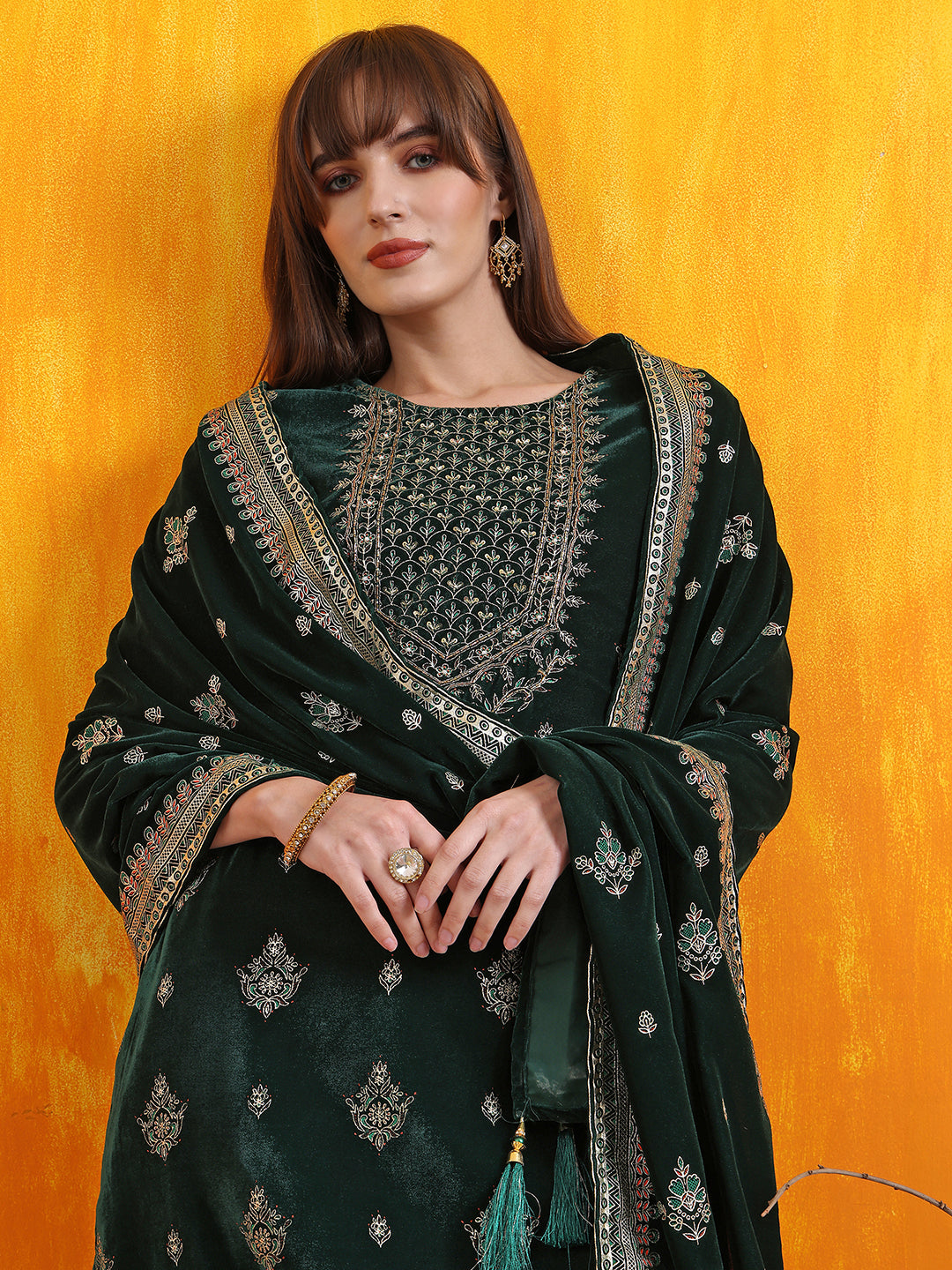 Hand Embroidered & Foil Printed Velvet Kurta With Pant & Dupatta, Bottle-Green - Hiral Fashion