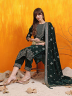 Hand Embroidered & Foil Printed Velvet Kurta With Pant & Dupatta, Bottle-Green - Hiral Fashion