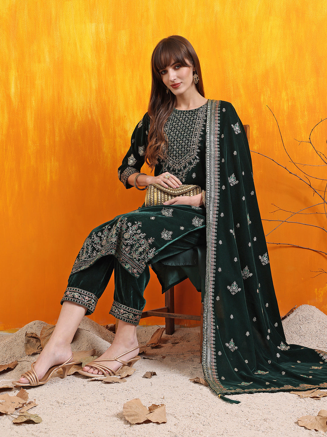 Hand Embroidered & Foil Printed Velvet Kurta With Pant & Dupatta, Bottle-Green - Hiral Fashion
