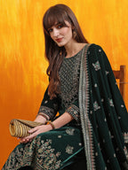Hand Embroidered & Foil Printed Velvet Kurta With Pant & Dupatta, Bottle-Green - Hiral Fashion