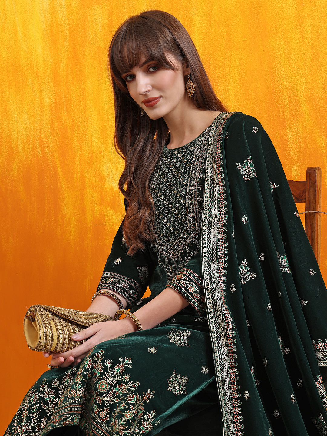 Hand Embroidered & Foil Printed Velvet Kurta With Pant & Dupatta, Bottle-Green - Hiral Fashion
