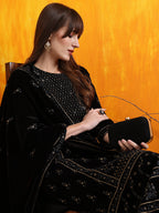 Hand Embroidered & Foil Printed Velvet Kurta With Pant & Dupatta, Black - Hiral Fashion - Distacart