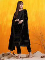 Hand Embroidered & Foil Printed Velvet Kurta With Pant & Dupatta, Black - Hiral Fashion - Distacart