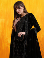 Hand Embroidered & Foil Printed Velvet Kurta With Pant & Dupatta, Black - Hiral Fashion - Distacart