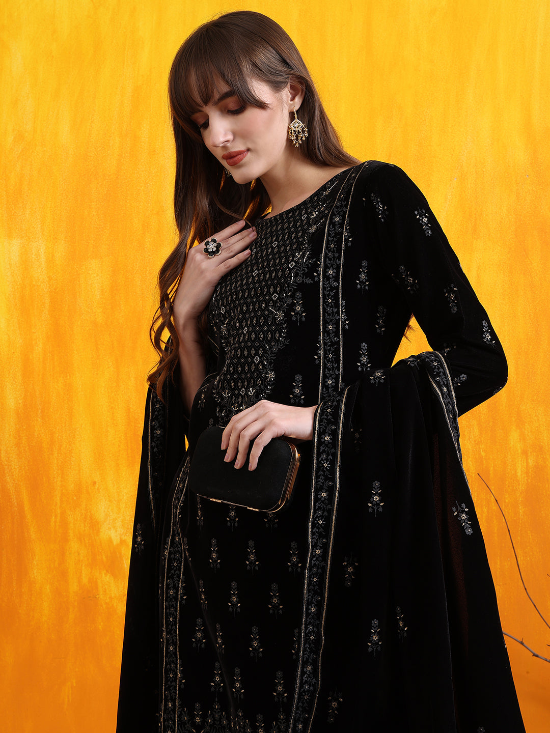 Hand Embroidered & Foil Printed Velvet Kurta With Pant & Dupatta, Black - Hiral Fashion - Distacart