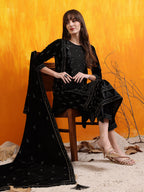 Hand Embroidered & Foil Printed Velvet Kurta With Pant & Dupatta, Black - Hiral Fashion - Distacart