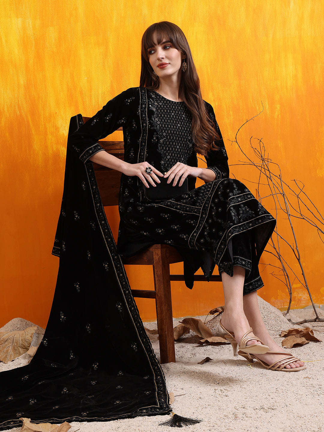 Hand Embroidered & Foil Printed Velvet Kurta With Pant & Dupatta, Black - Hiral Fashion - Distacart