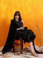 Hand Embroidered & Foil Printed Velvet Kurta With Pant & Dupatta, Black - Hiral Fashion - Distacart