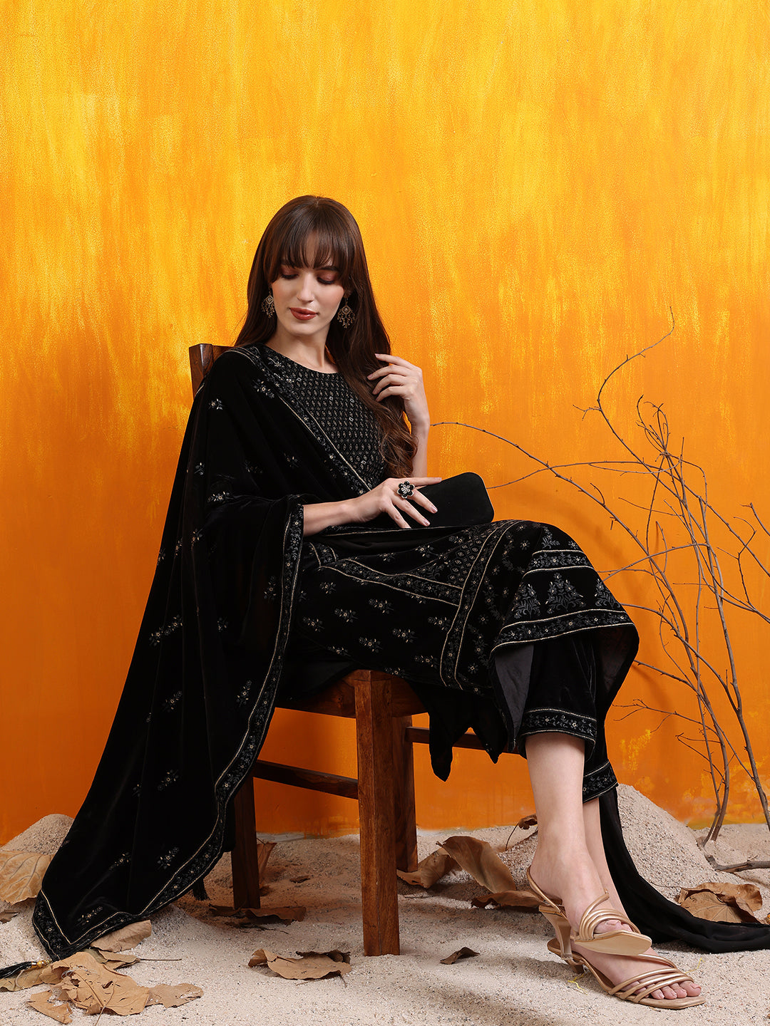 Hand Embroidered & Foil Printed Velvet Kurta With Pant & Dupatta, Black - Hiral Fashion - Distacart