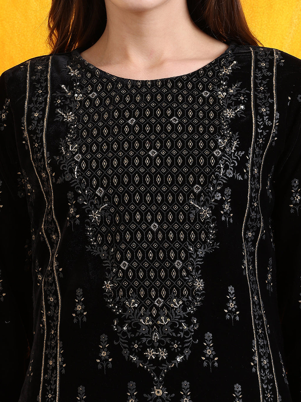 Hand Embroidered & Foil Printed Velvet Kurta With Pant & Dupatta, Black - Hiral Fashion - Distacart
