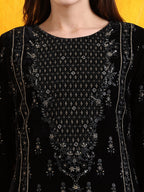 Hand Embroidered & Foil Printed Velvet Kurta With Pant & Dupatta, Black - Hiral Fashion - Distacart