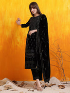 Hand Embroidered & Foil Printed Velvet Kurta With Pant & Dupatta, Black - Hiral Fashion - Distacart