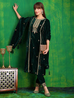 Thread & Sequined Embroidered Velvet Kurta With Pant & Embroidered Dupatta, Bottle-Green - Hiral Fashion - Distacart