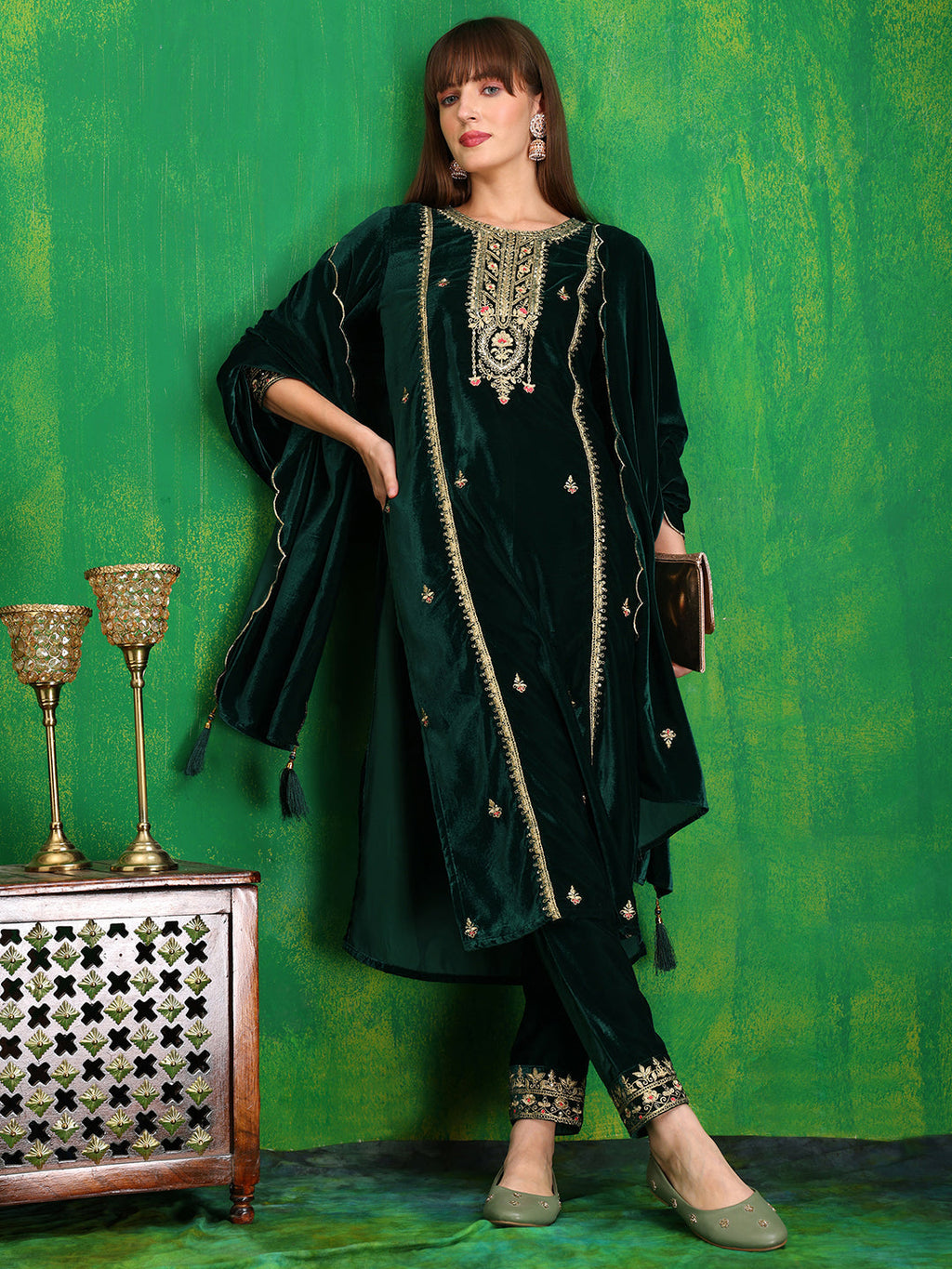 Thread & Sequined Embroidered Velvet Kurta With Pant & Embroidered Dupatta, Bottle-Green - Hiral Fashion - Distacart
