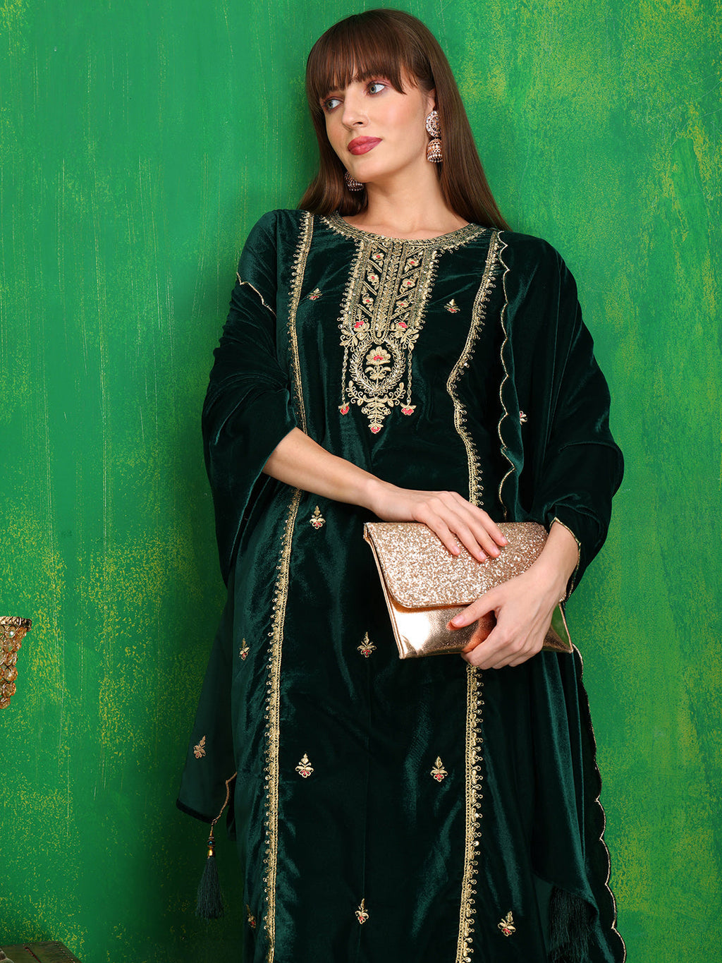 Thread & Sequined Embroidered Velvet Kurta With Pant & Embroidered Dupatta, Bottle-Green - Hiral Fashion - Distacart