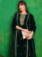 Thread & Sequined Embroidered Velvet Kurta With Pant & Embroidered Dupatta, Bottle-Green - Hiral Fashion - Distacart