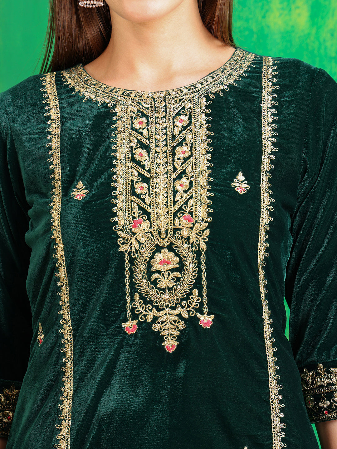 Thread & Sequined Embroidered Velvet Kurta With Pant & Embroidered Dupatta, Bottle-Green - Hiral Fashion - Distacart