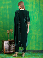 Thread & Sequined Embroidered Velvet Kurta With Pant & Embroidered Dupatta, Bottle-Green - Hiral Fashion - Distacart